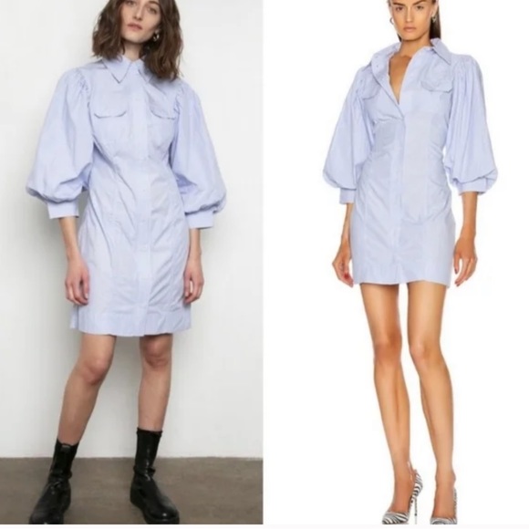 Ganni Blue Cotton Striped Button Front Balloon Sleeve Shirt Dress Mini - Picture 3 of 8